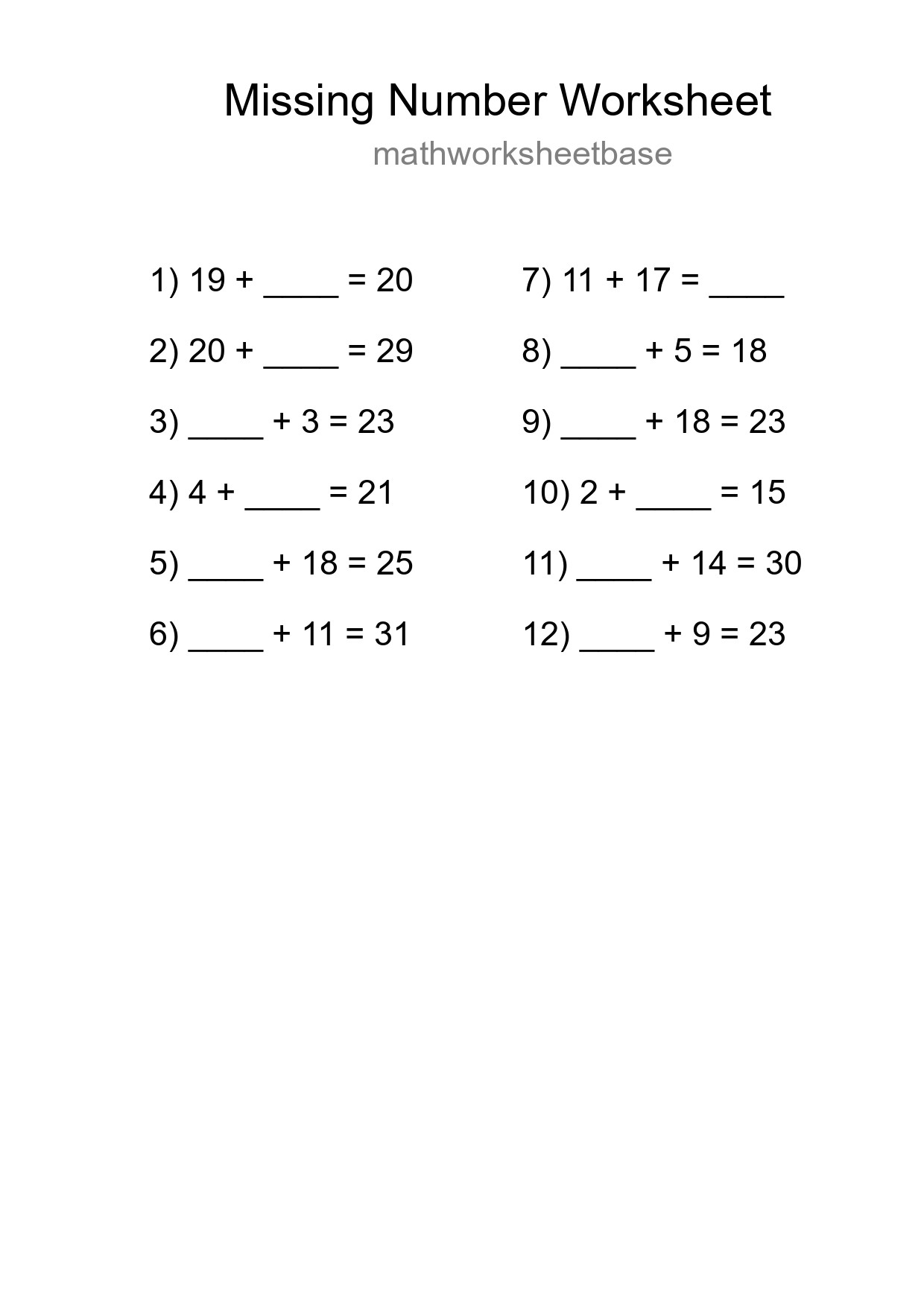 Missing Number Math Worksheet