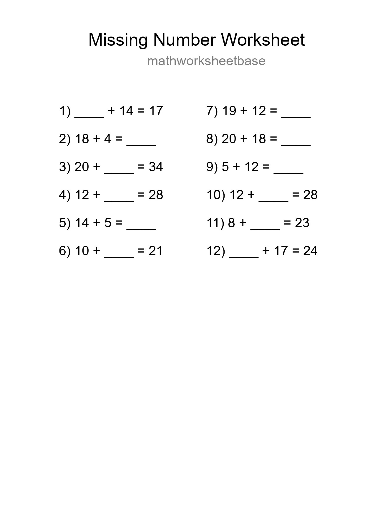 Missing Number Math Worksheet