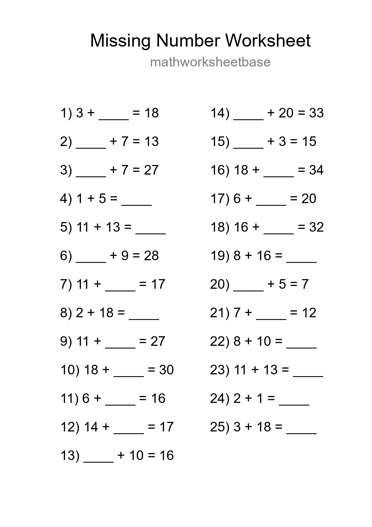 Missing Number Math Worksheet