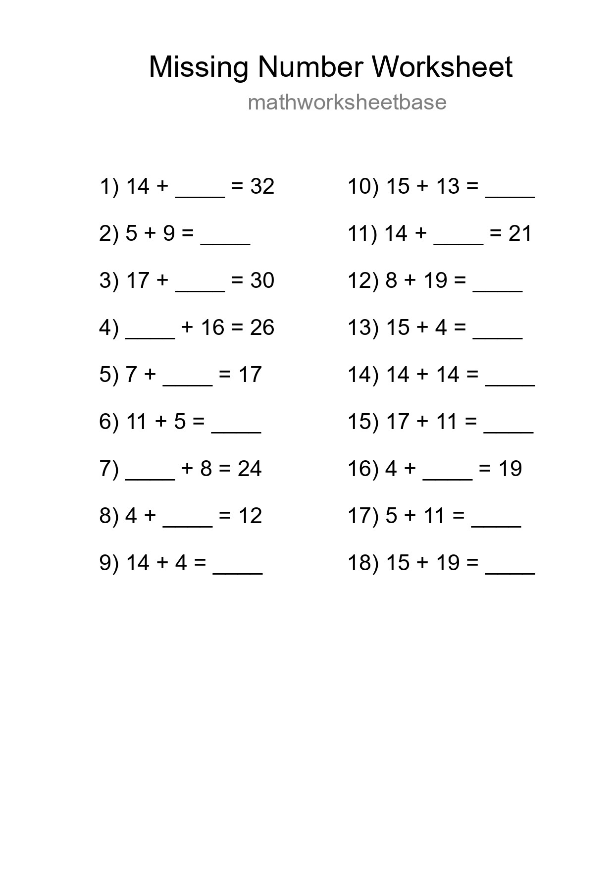 Missing Number Math Worksheet