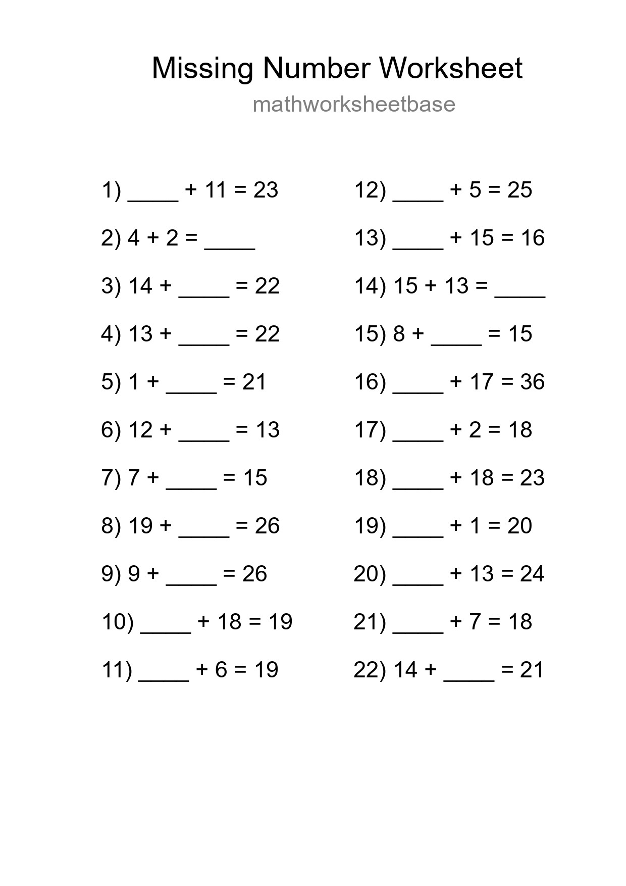 Missing Number Math Worksheet