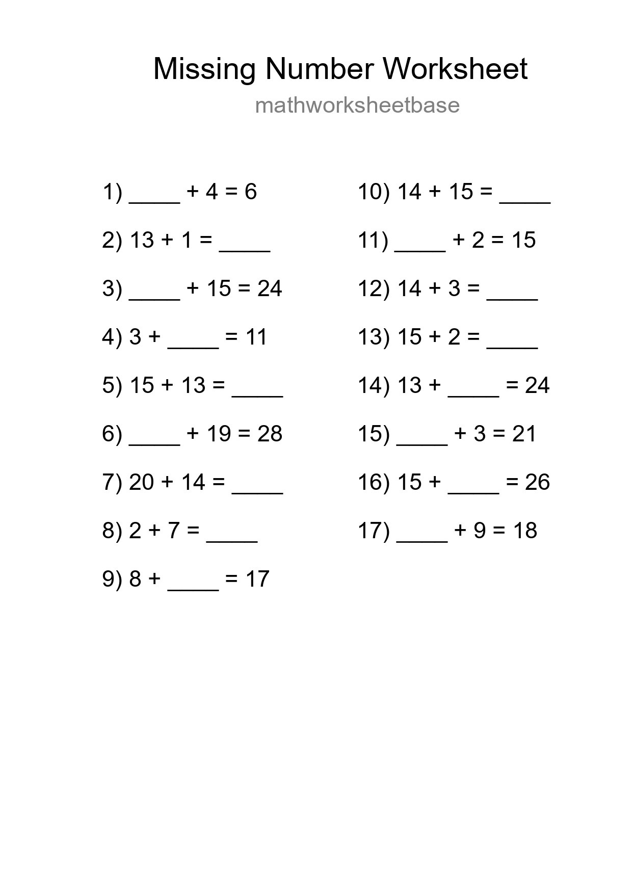 Missing Number Math Worksheet