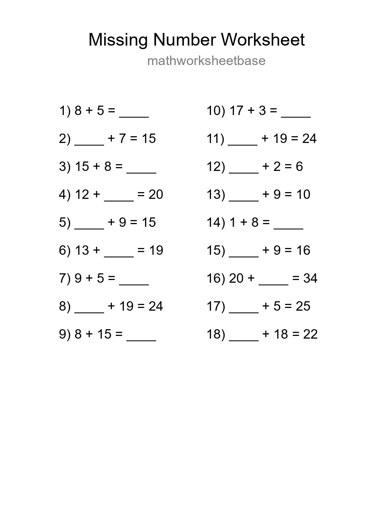 Missing Number Math Worksheet
