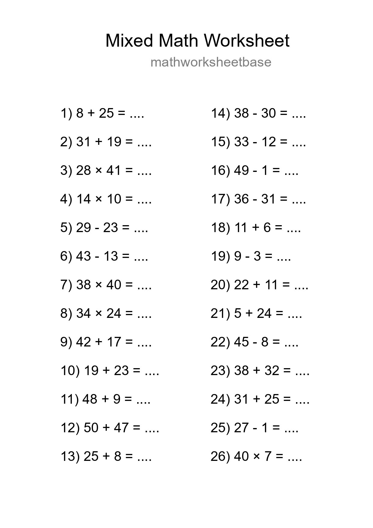 Mixed Operations Math Worksheet