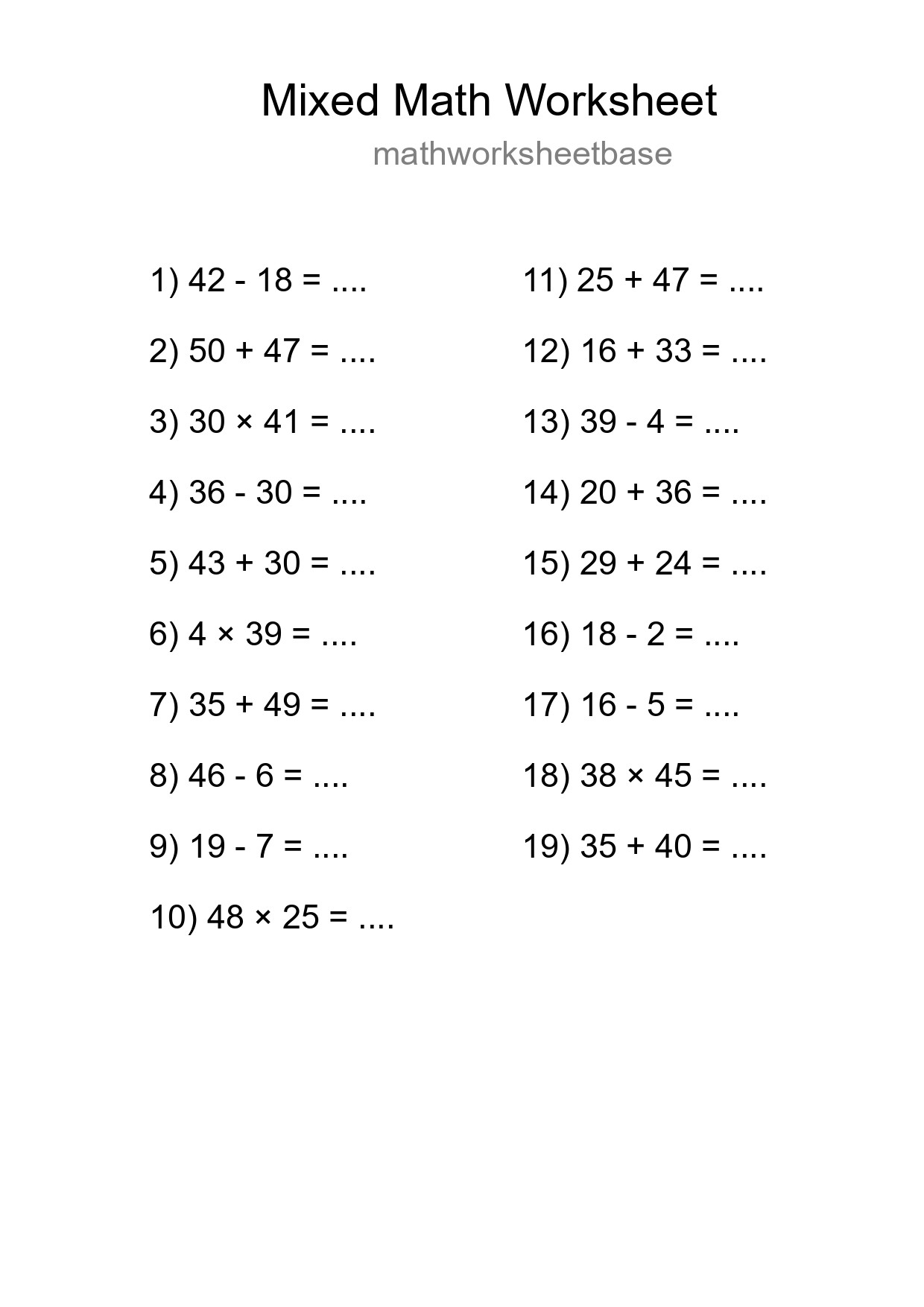 Mixed Operations Math Worksheet
