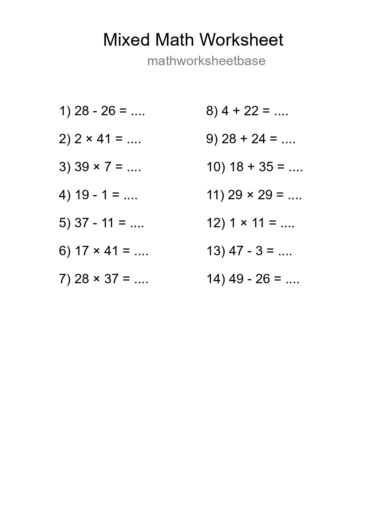 Mixed Operations Math Worksheet
