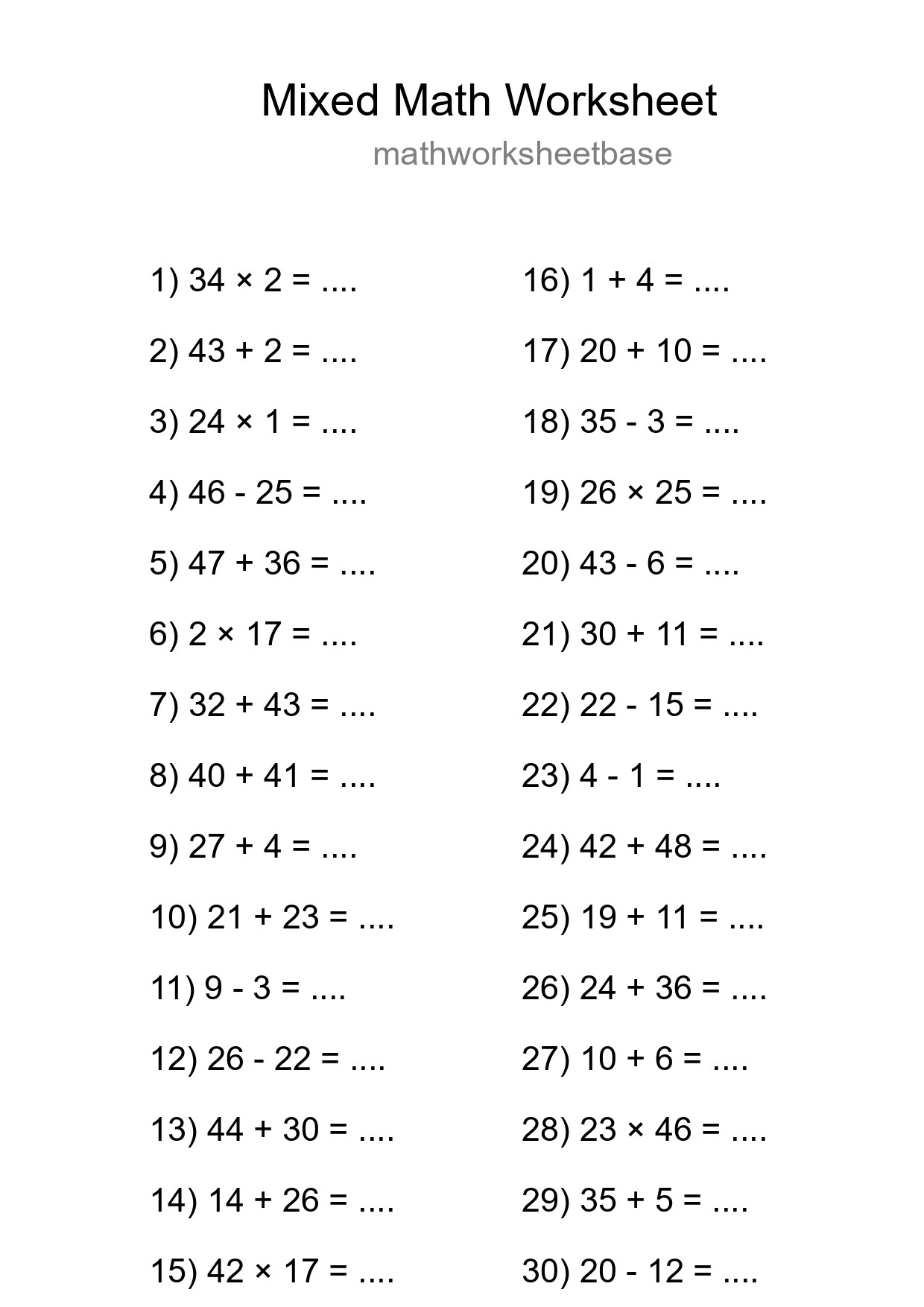 Mixed Operations Math Worksheet