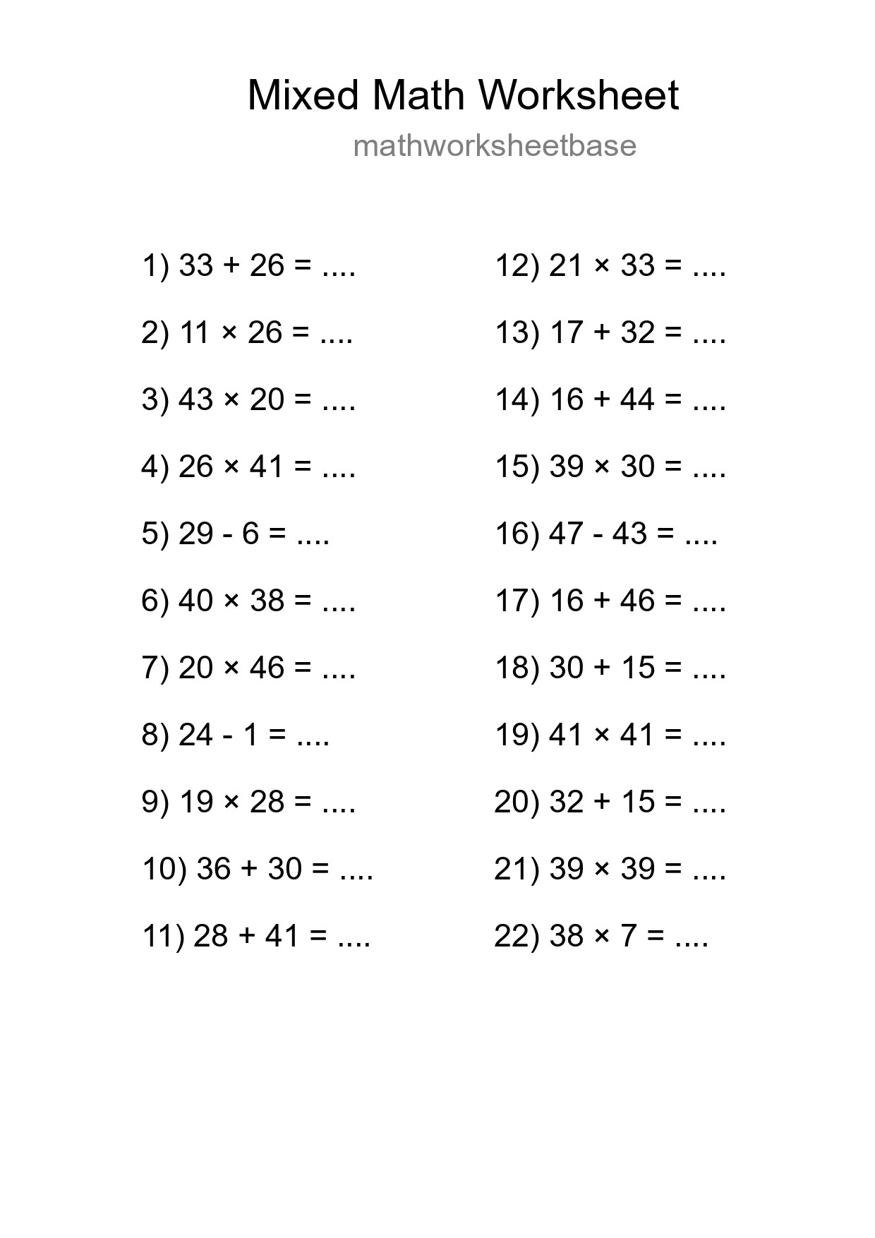Mixed Operations Math Worksheet