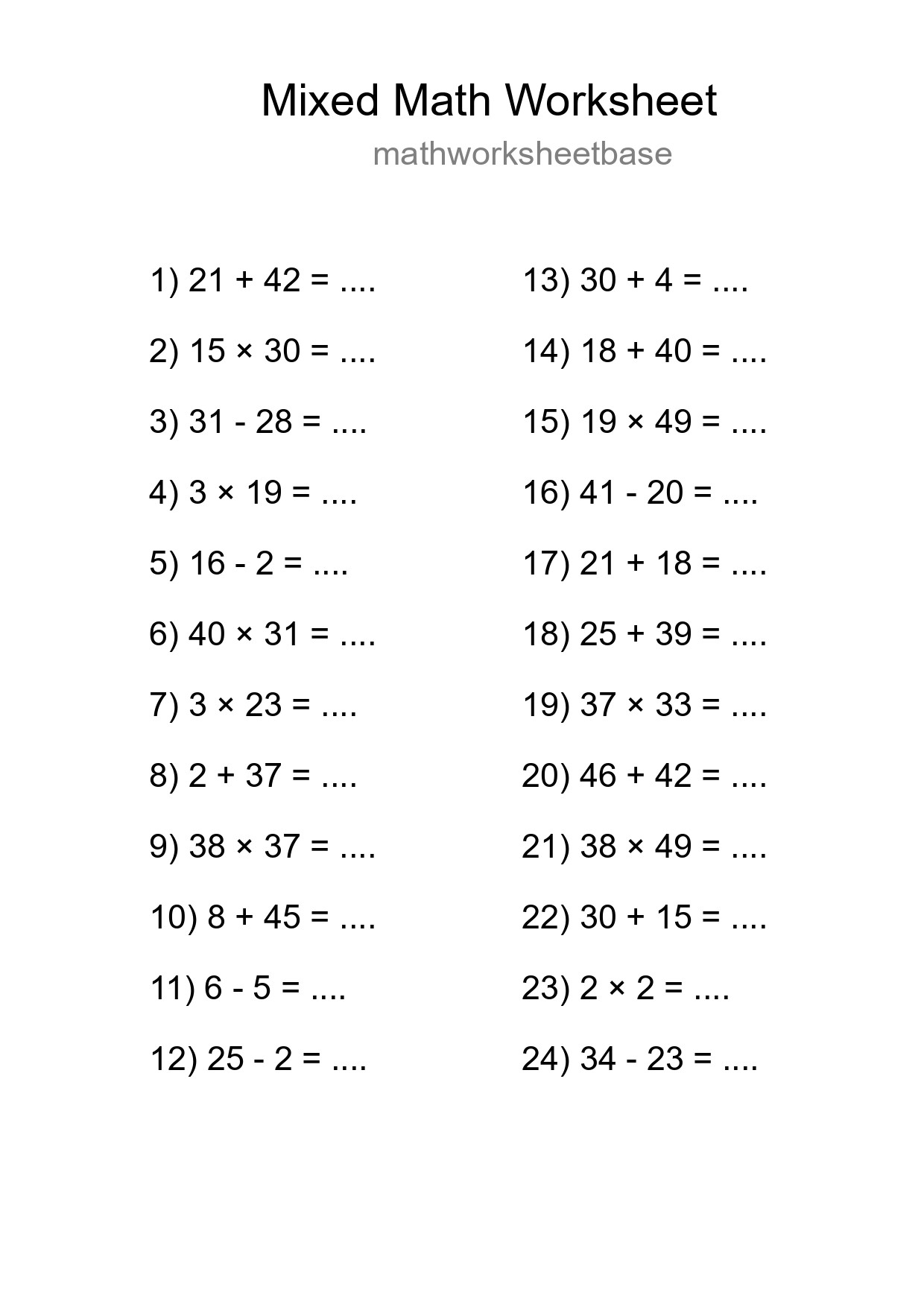 Mixed Operations Math Worksheet