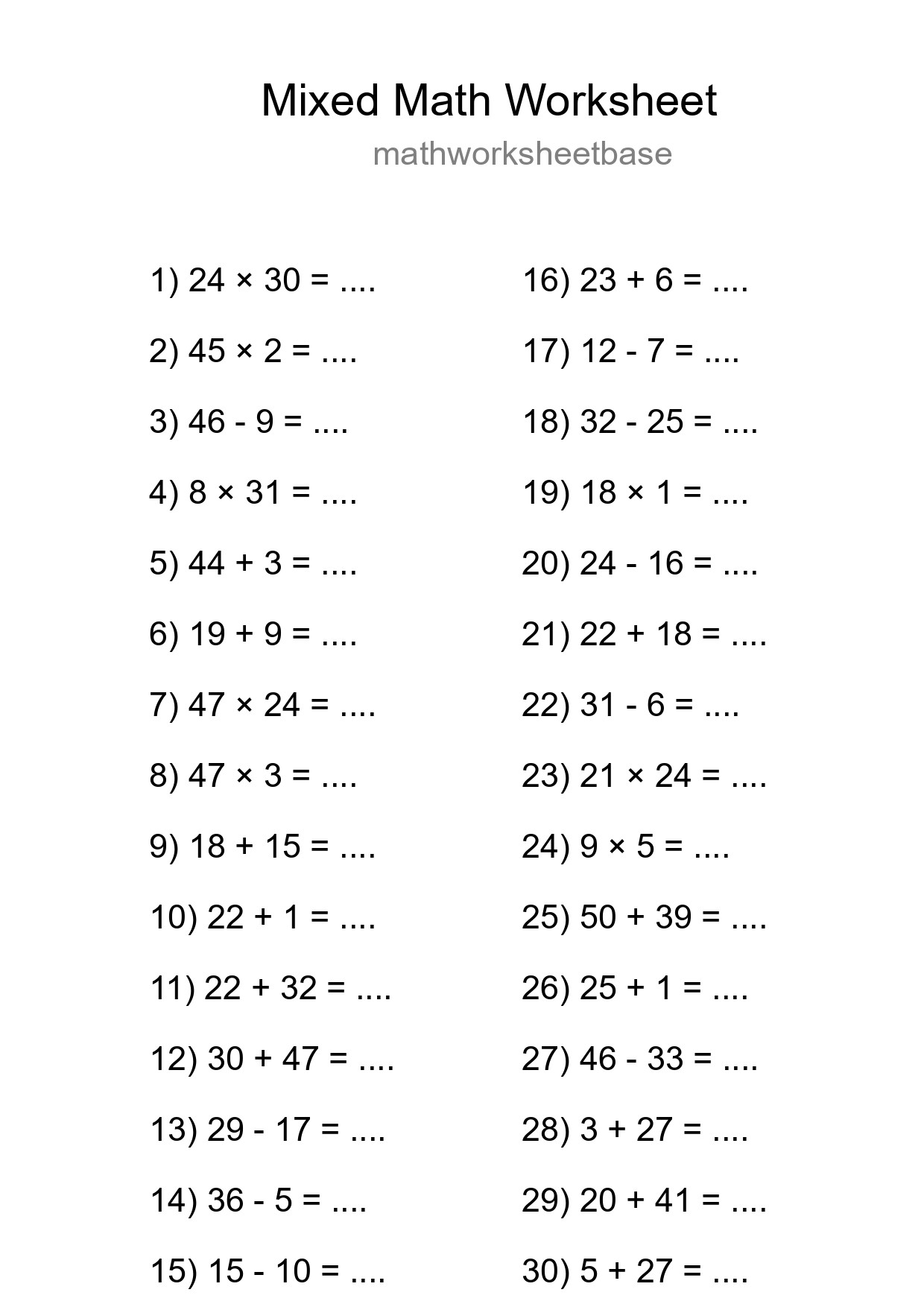 Mixed Operations Math Worksheet