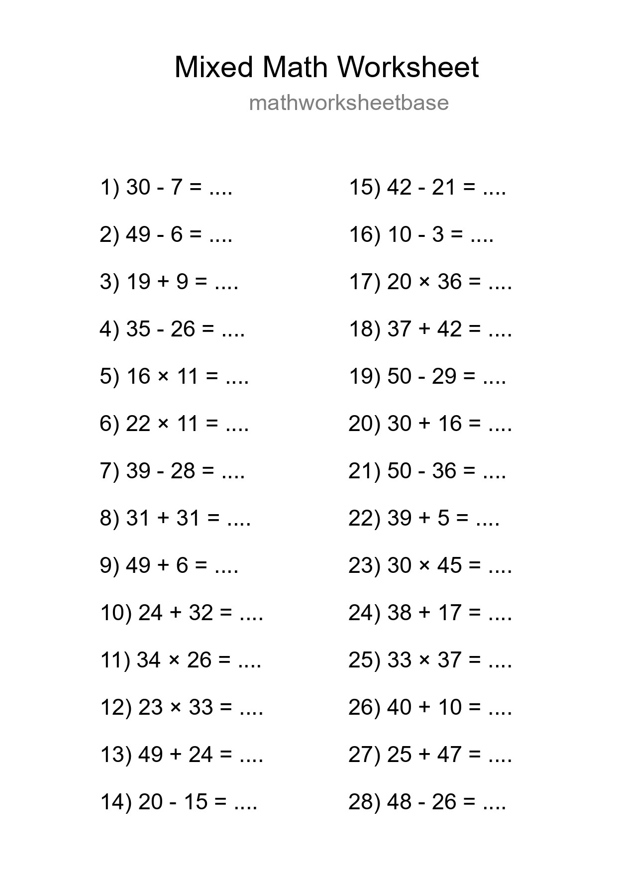 Mixed Operations Math Worksheet