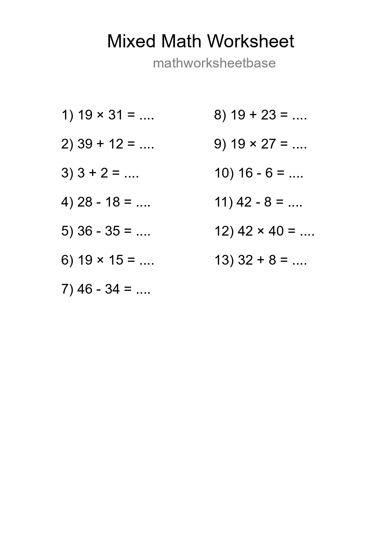 Mixed Operations Math Worksheet