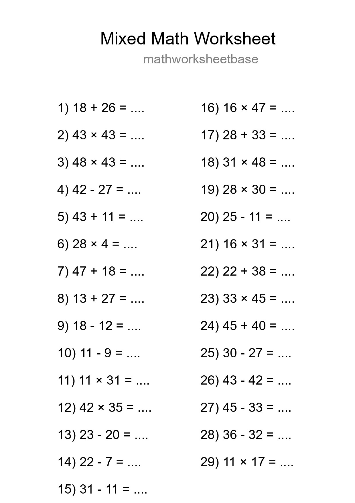 Mixed Operations Math Worksheet