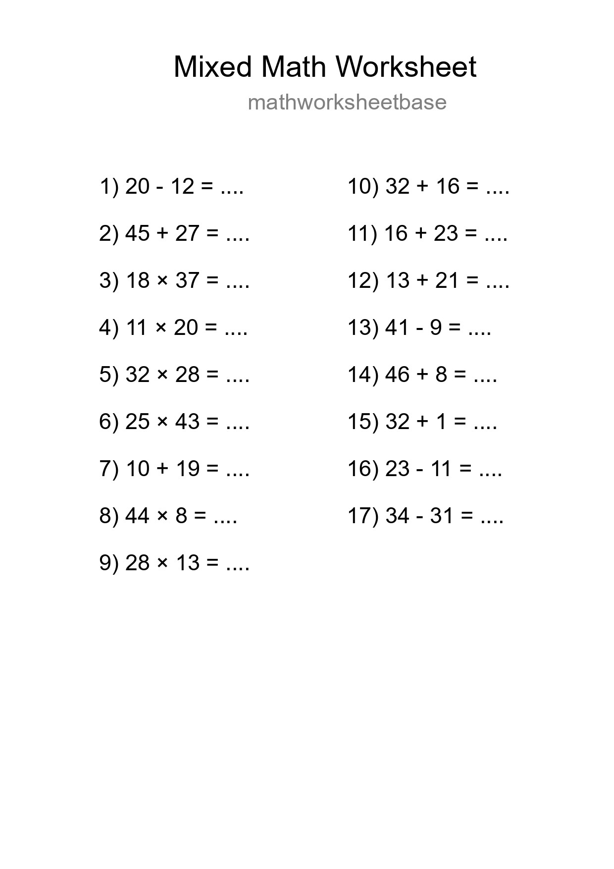 Mixed Operations Math Worksheet