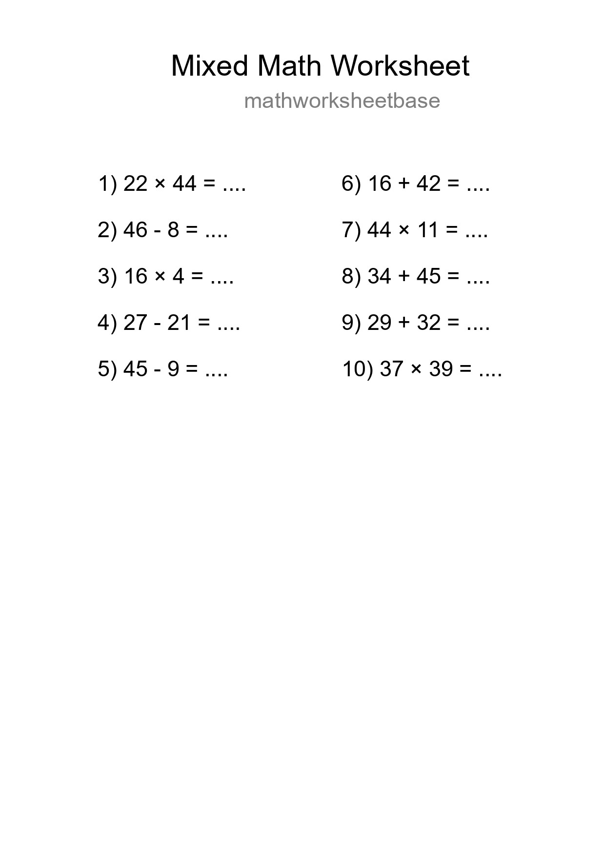 Mixed Operations Math Worksheet