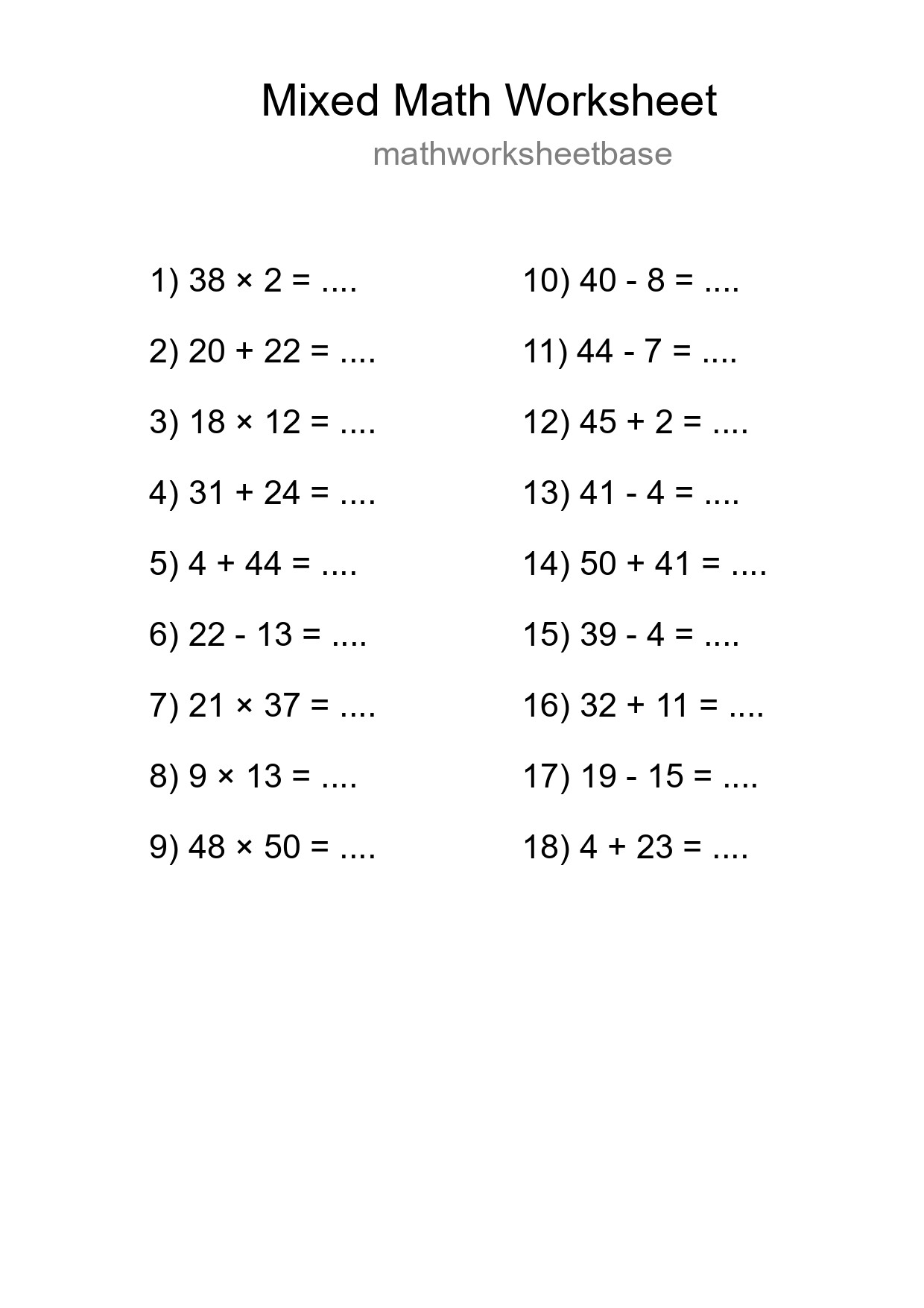 Mixed Operations Math Worksheet