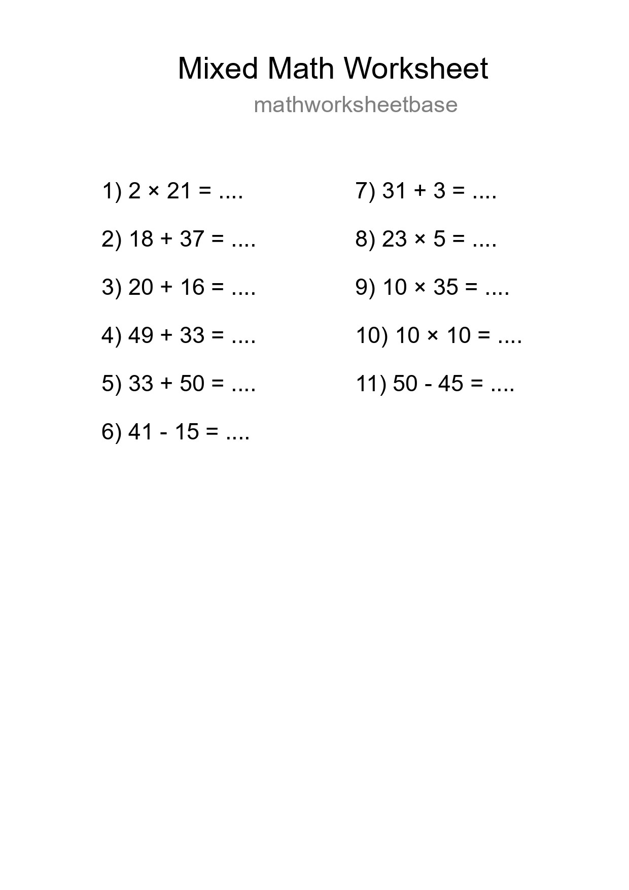 Mixed Operations Math Worksheet