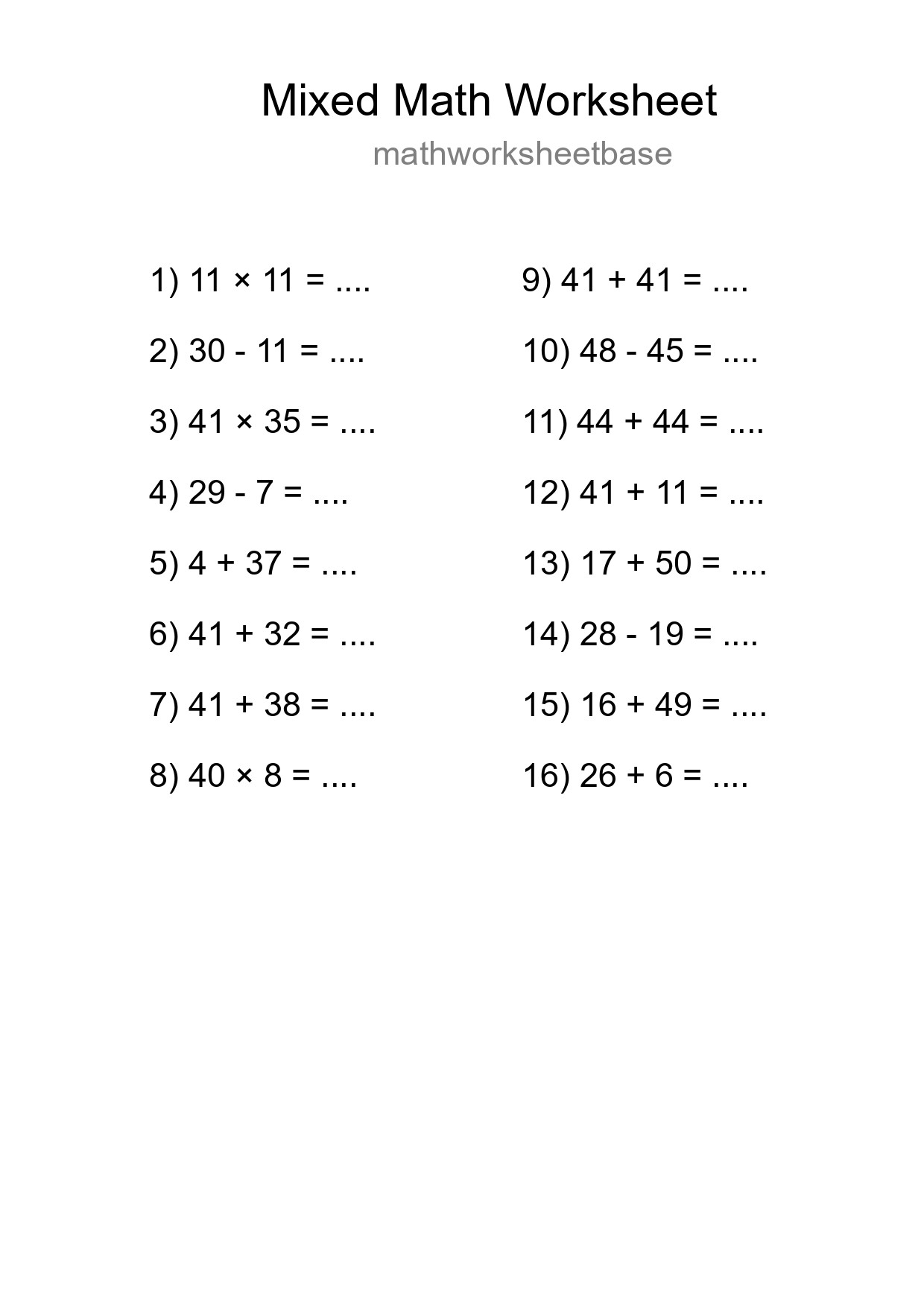 Mixed Operations Math Worksheet