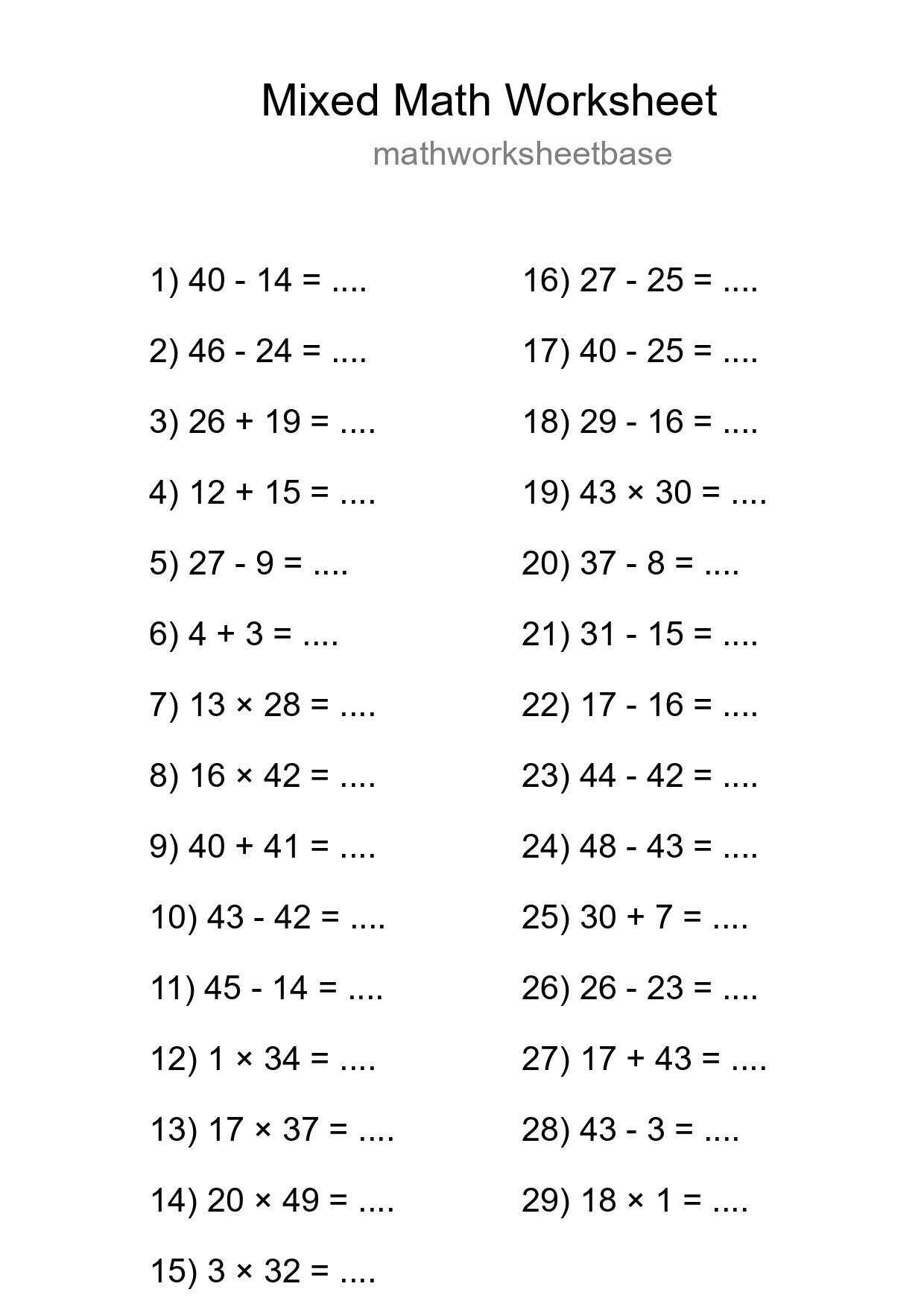 Mixed Operations Math Worksheet