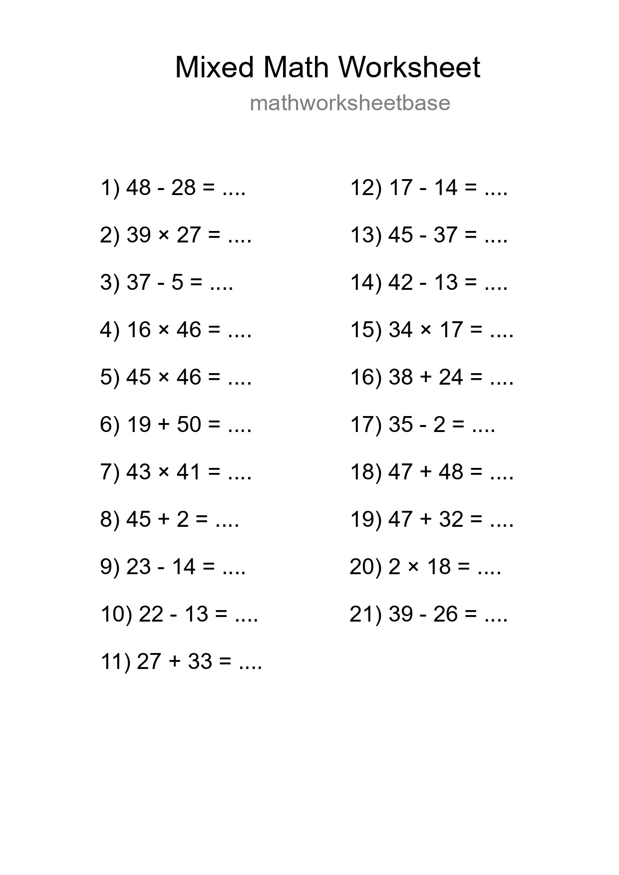 Mixed Operations Math Worksheet