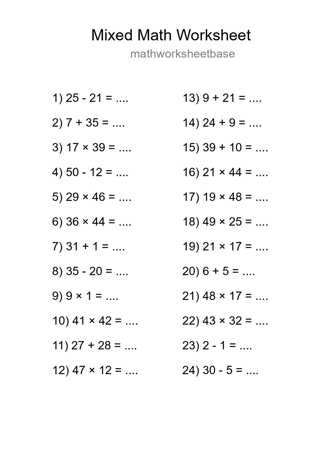 Mixed Operations Math Worksheet