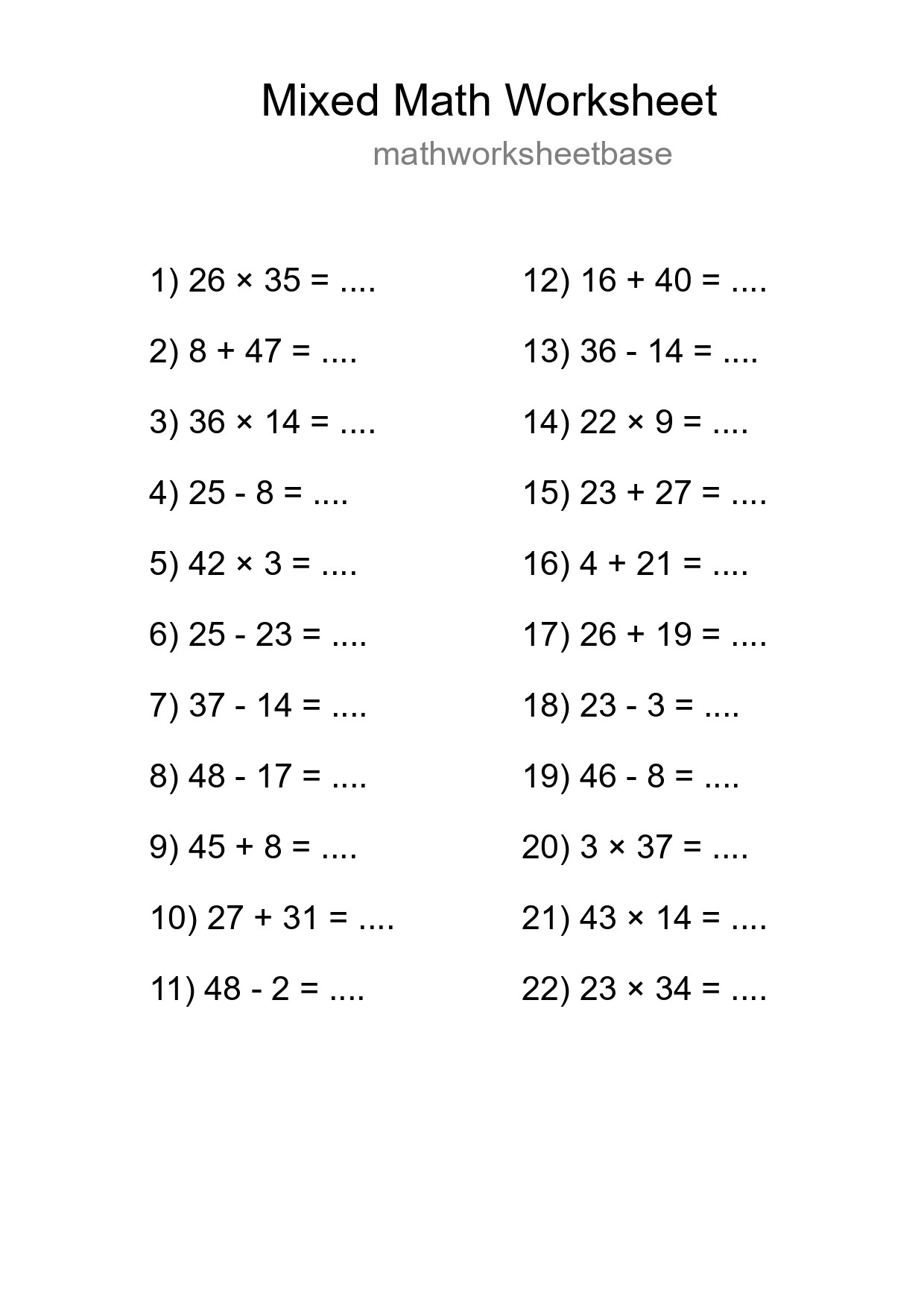 Mixed Operations Math Worksheet