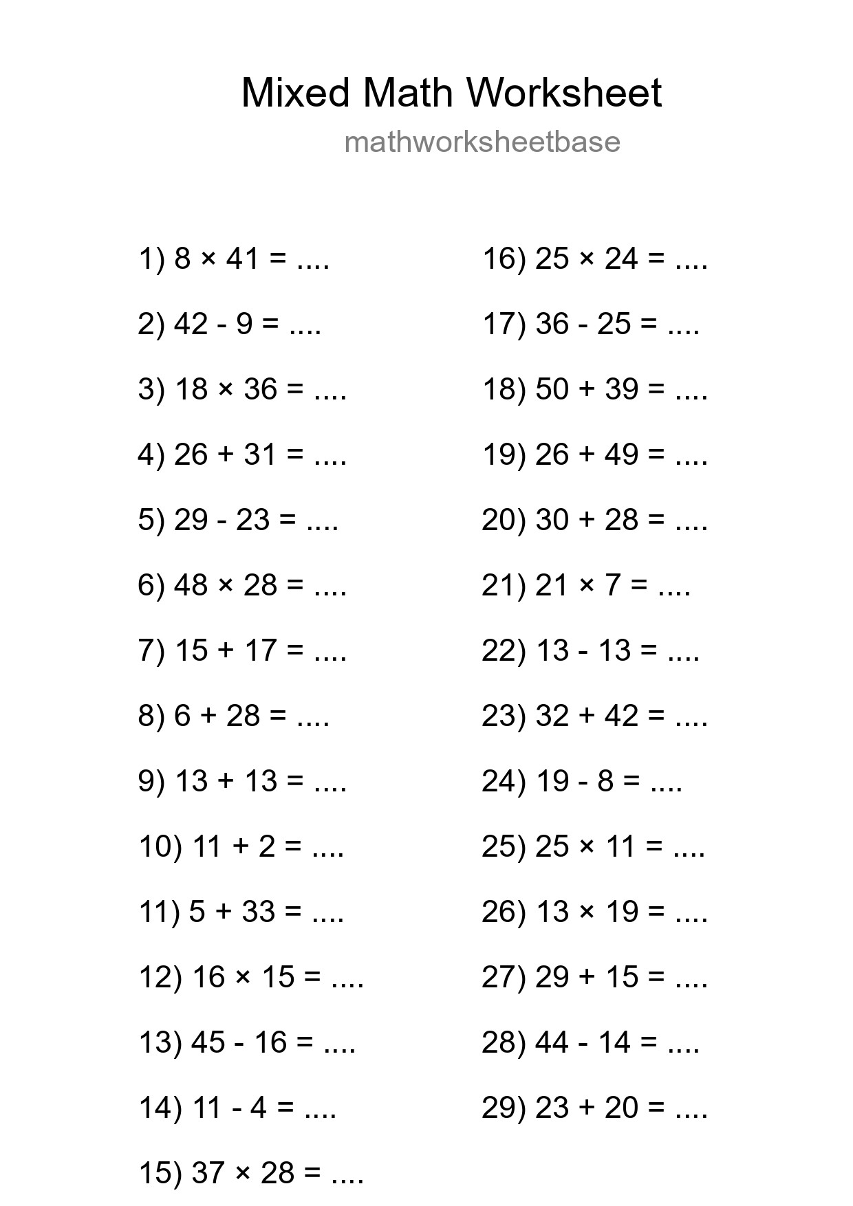 Mixed Operations Math Worksheet