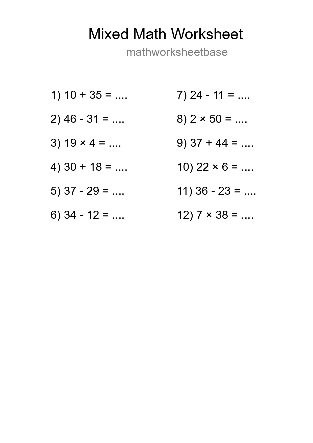 Mixed Operations Math Worksheet