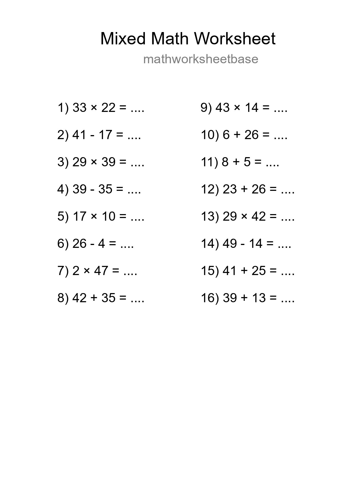 Mixed Operations Math Worksheet