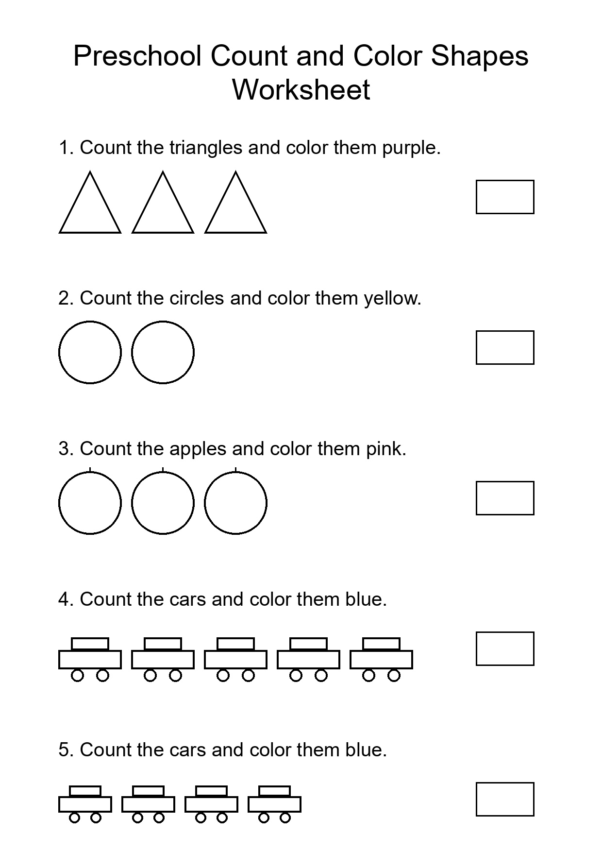 Preschool Count and Color Shapes Worksheet