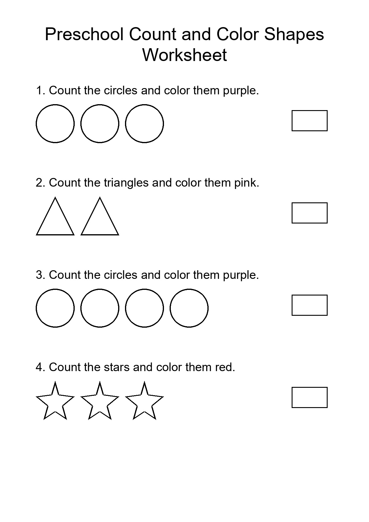 Preschool Count and Color Shapes Worksheet