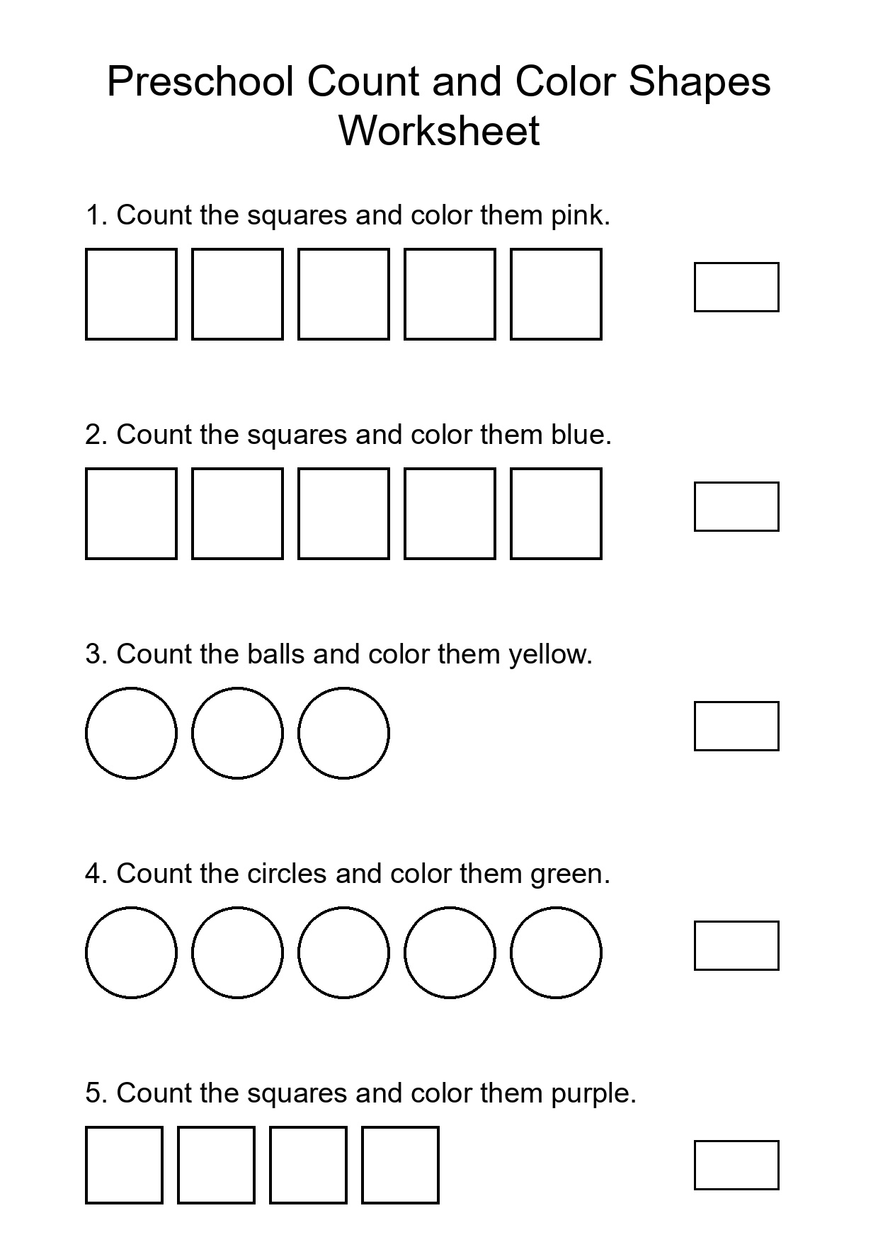 Preschool Count and Color Shapes Worksheet
