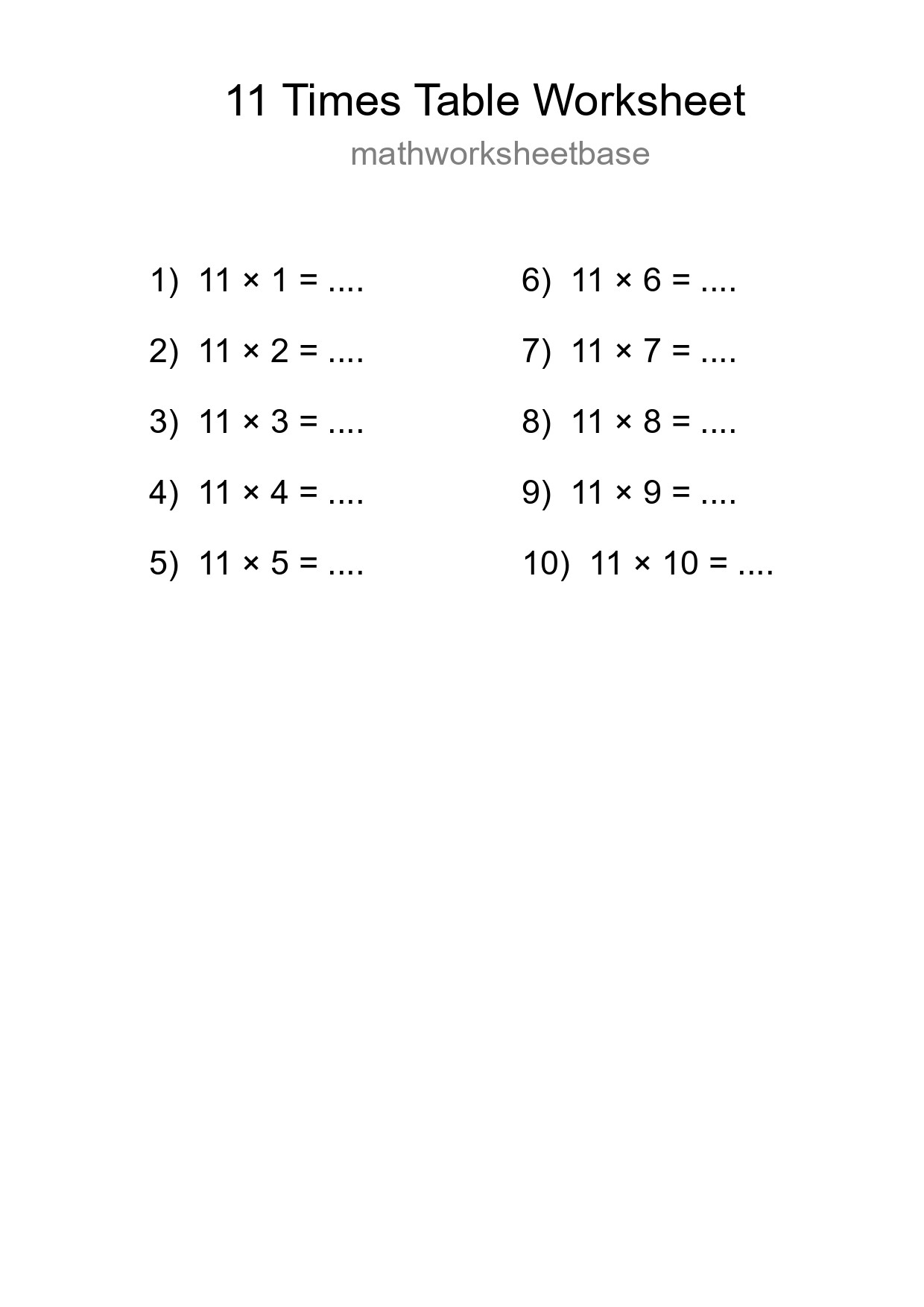 Printable 11 Times Table Worksheet For Grade 4 - Part 209