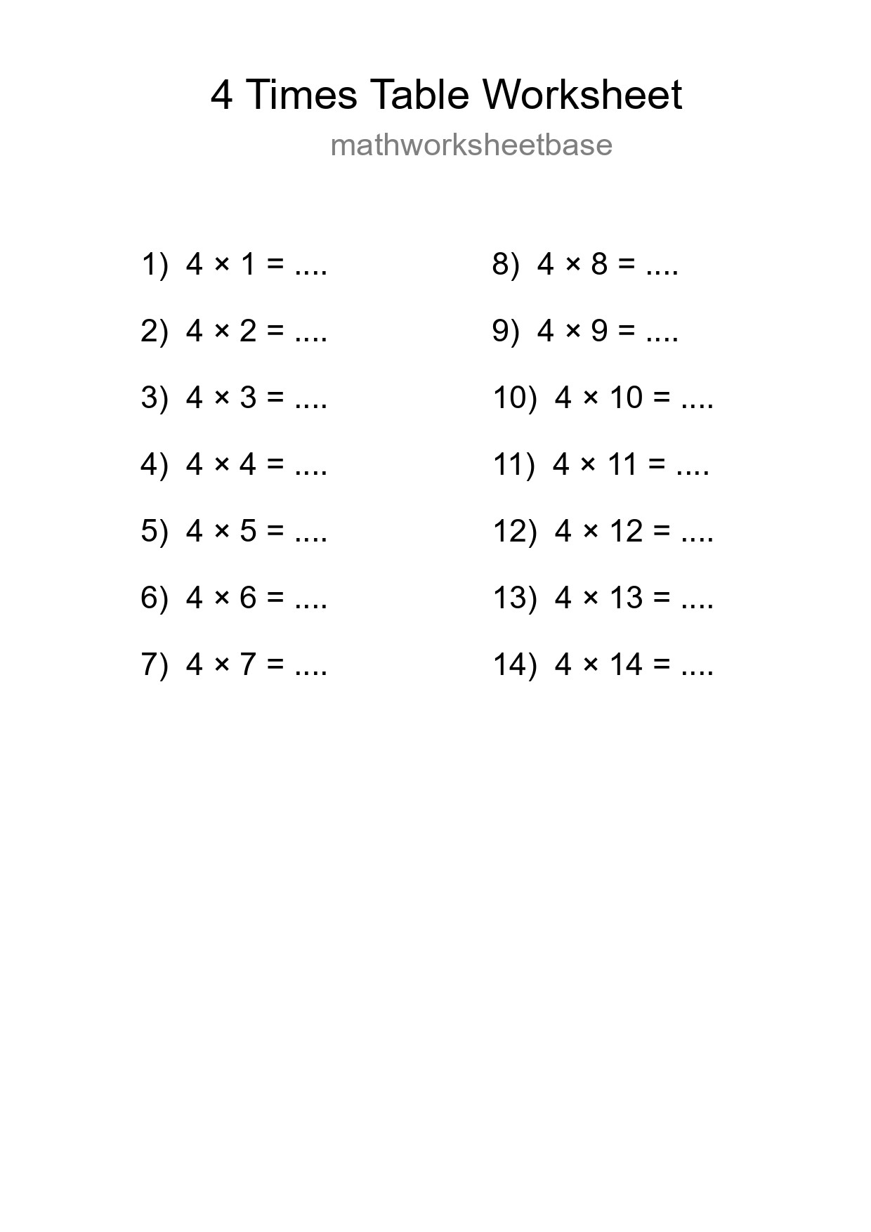 Printable 4 Times Table Worksheet For Grade 2 - Part 89