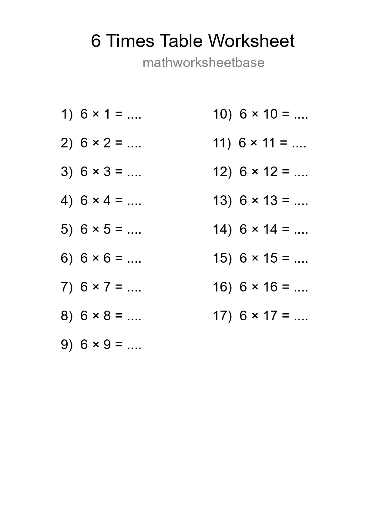 Printable 6 Times Table Worksheet For Grade 3 - Part 299