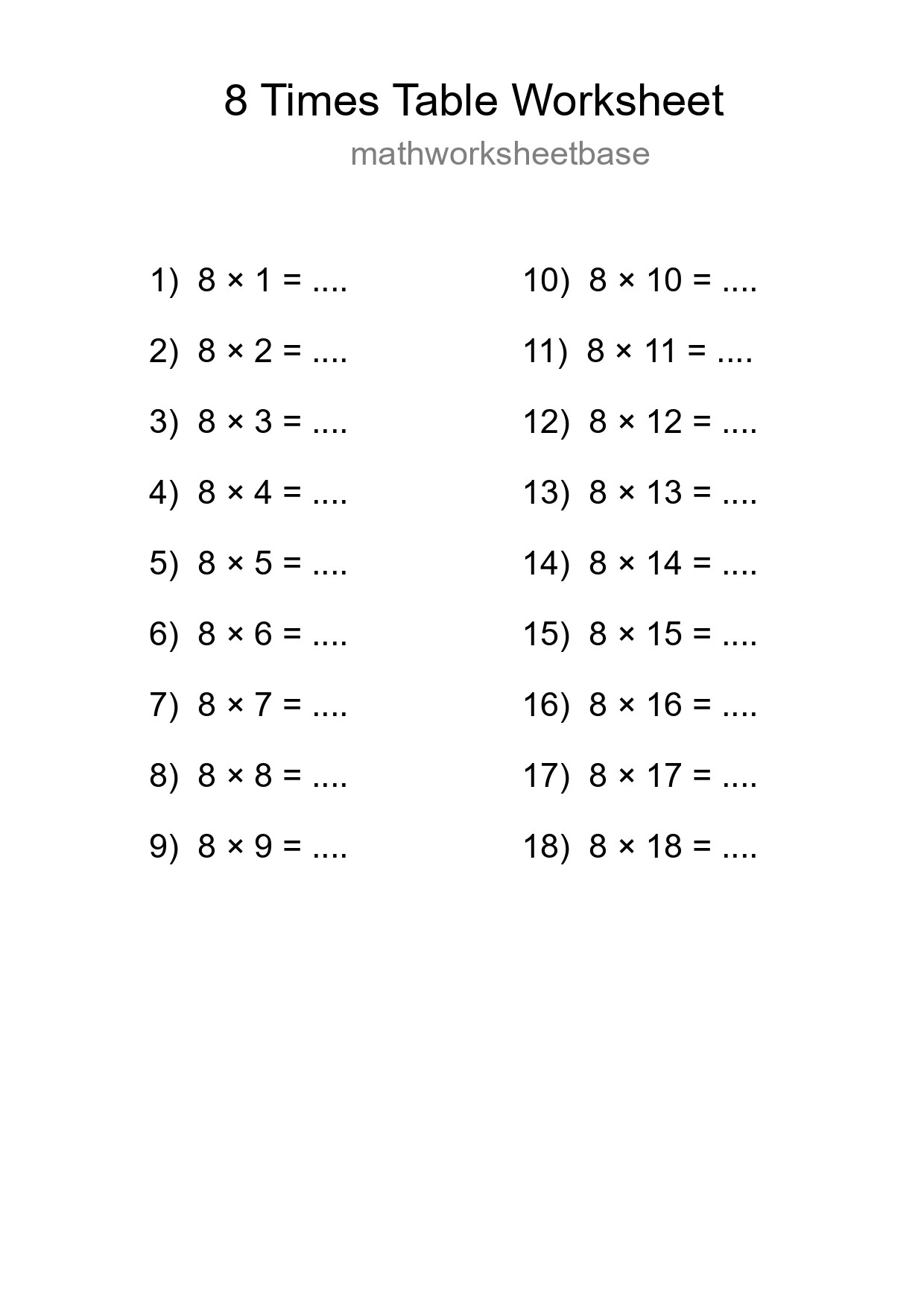 Printable 8 Times Table Worksheet For Grade 3 - Part 279