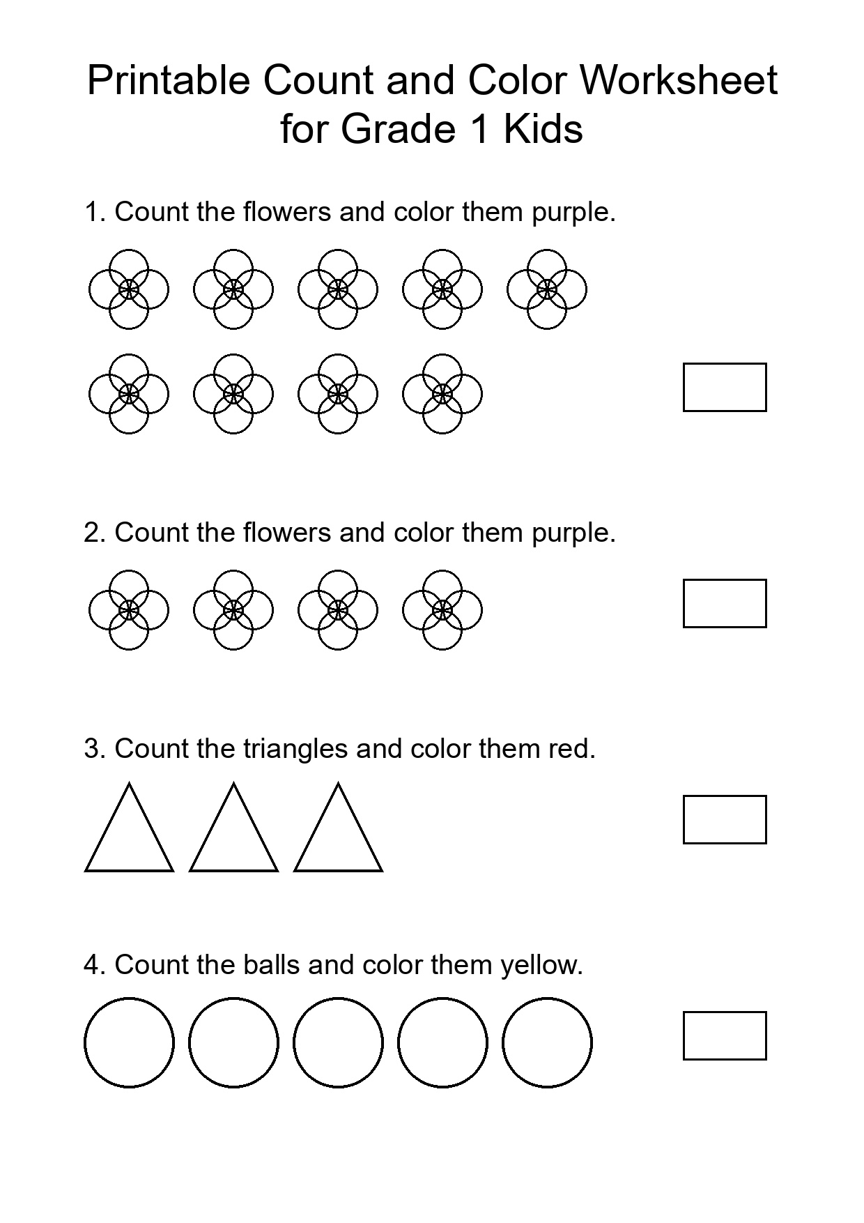 Printable Count and Color Worksheet for Grade 1 Kids