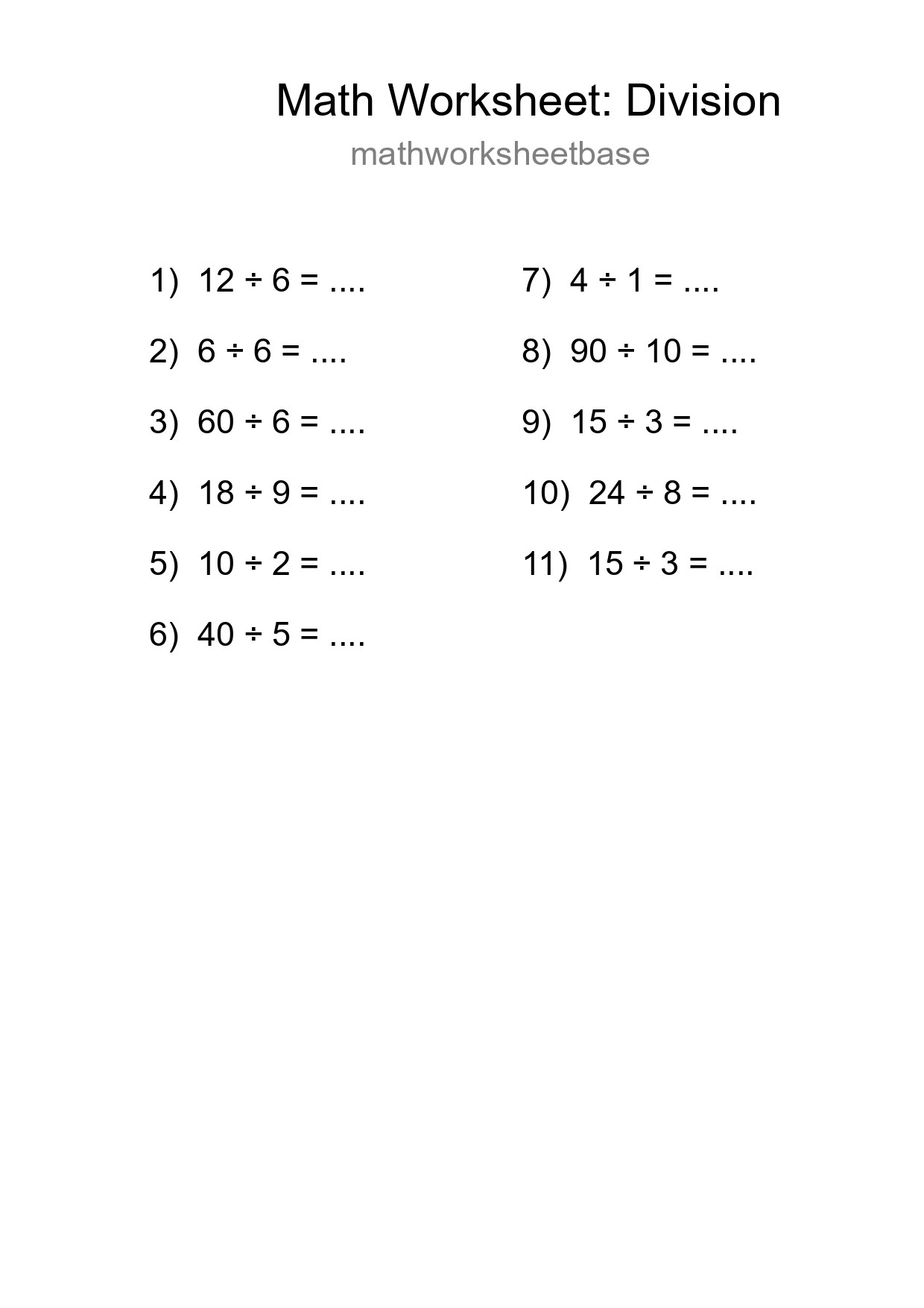 Printable Free 11 Division Math Worksheet For Grade 1 - Part 54