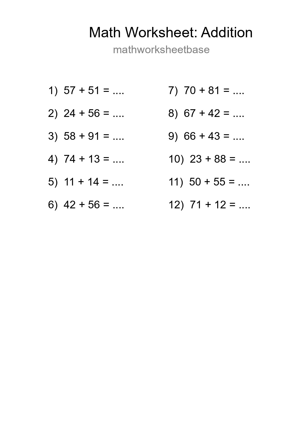 Printable Free 12 Addition Math Worksheet For Grade 3 - Part 11