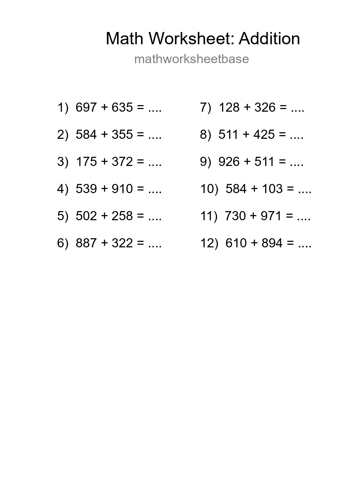 Printable Free 12 Addition Math Worksheet For Grade 5 - Part 41
