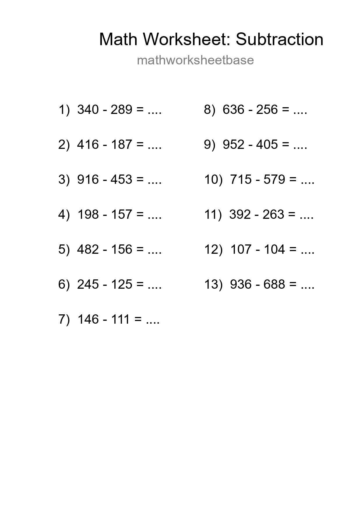 Printable Free 13 Subtraction Math Worksheet For Grade 5 - Part 298