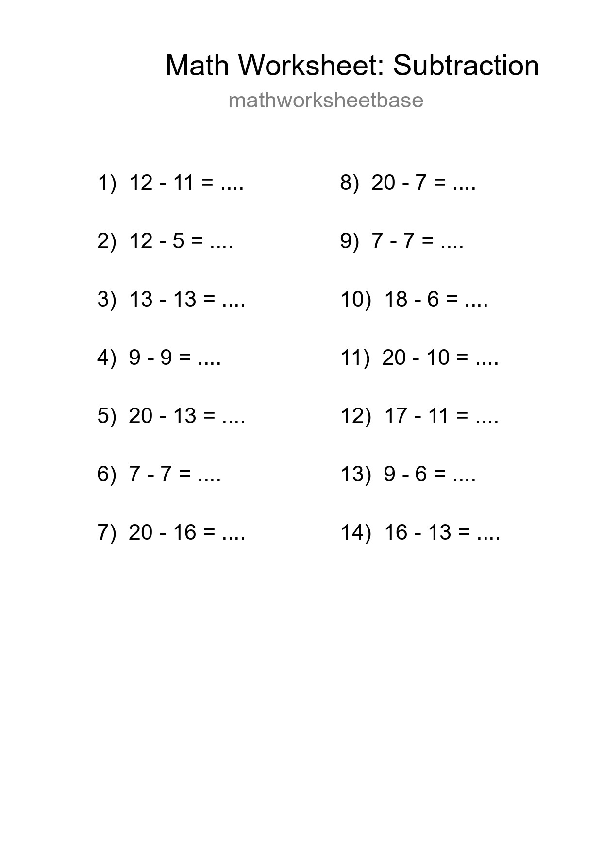 Printable Free 14 Subtraction Math Worksheet For Grade 2 - Part 108
