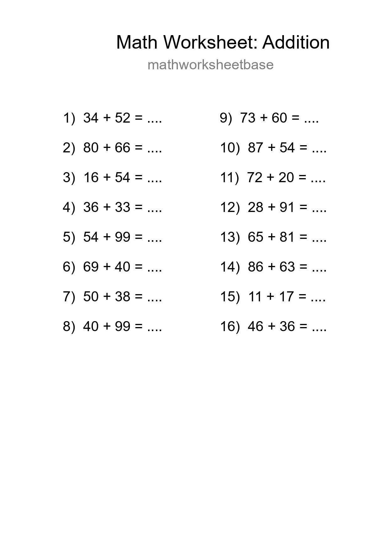 Printable Free 16 Addition Math Worksheet For Grade 3 - Part 101