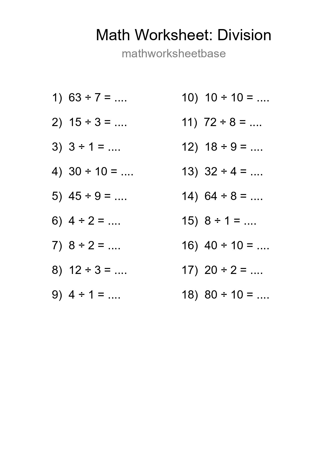 Printable Free 18 Division Math Worksheet For Grade 1 - Part 224