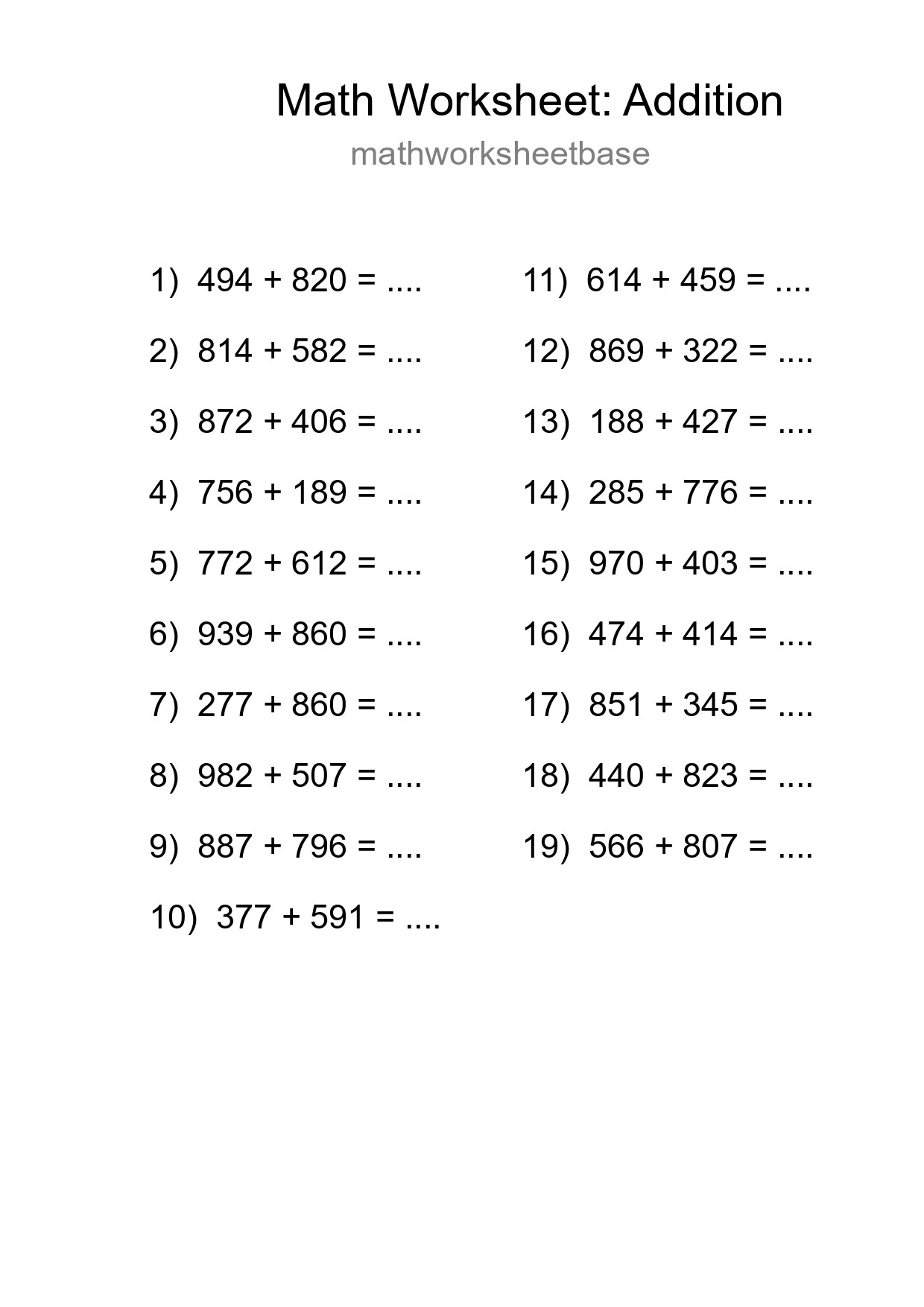 Printable Free 19 Addition Math Worksheet For Grade 5 - Part 201