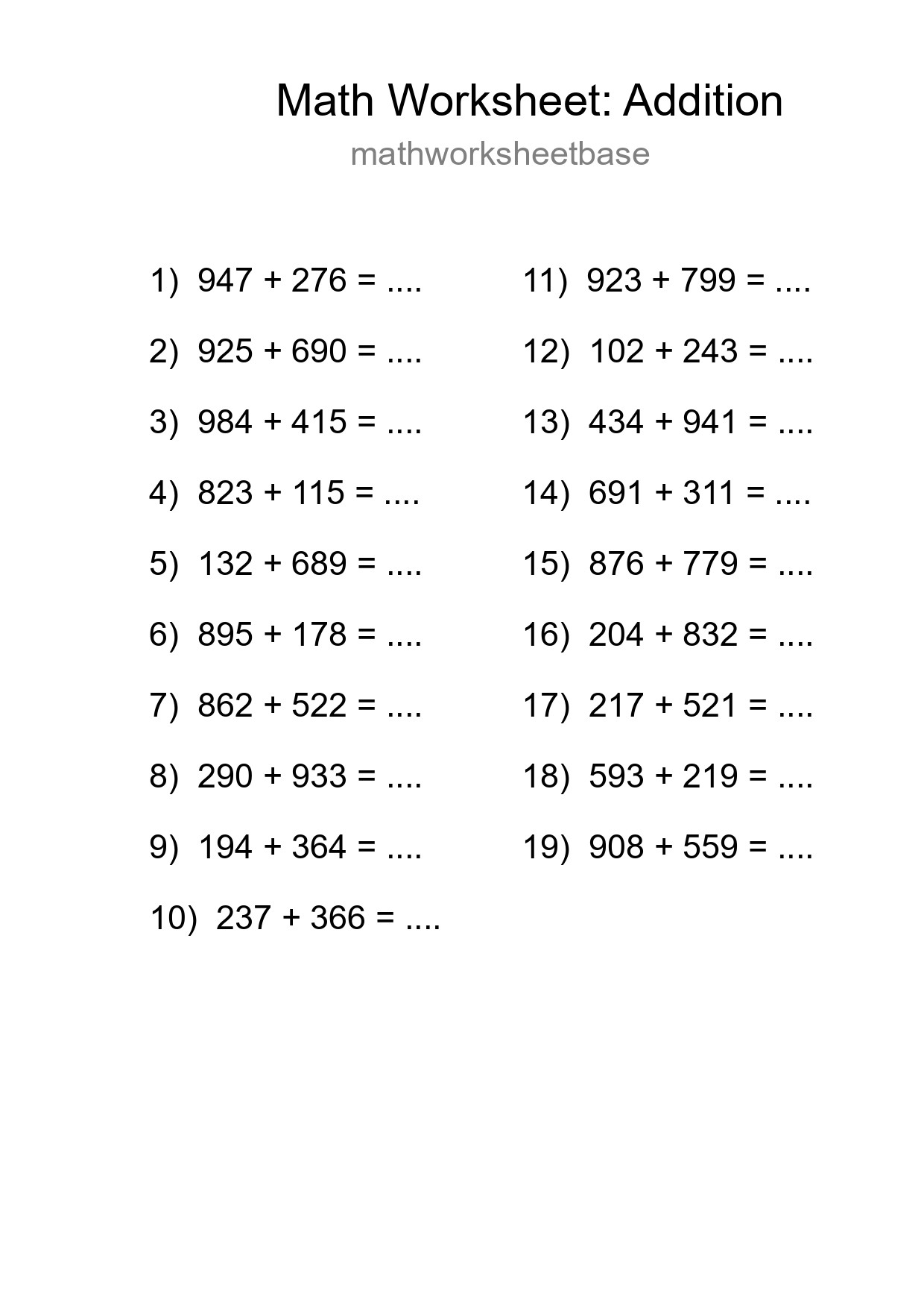 Printable Free 19 Addition Math Worksheet For Grade 5 - Part 71