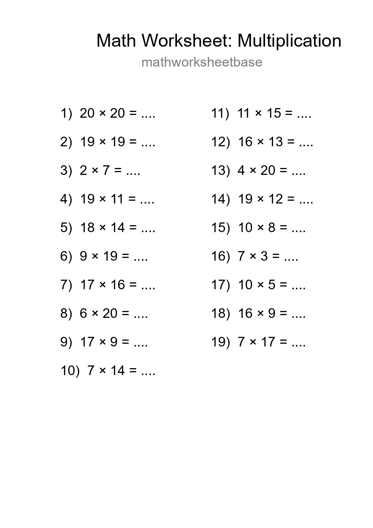 Printable Free 19 Multiplication Math Worksheet For Grade 2 - Part 277