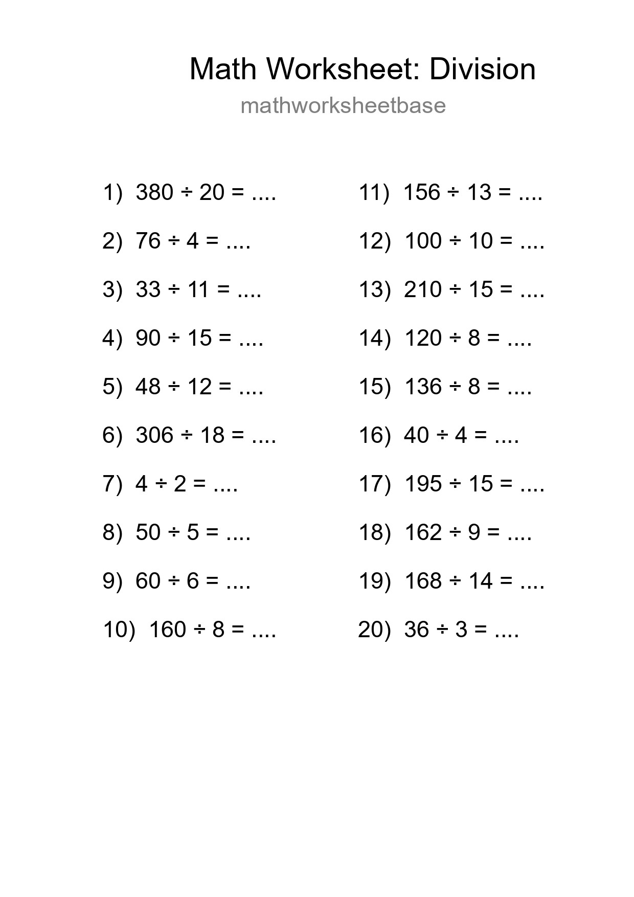Printable Free 20 Division Math Worksheet For Grade 2 - Part 184