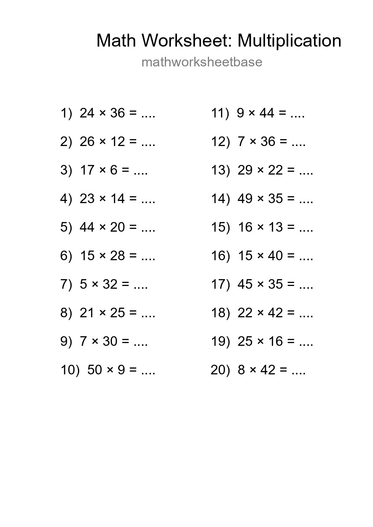 Printable Free 20 Multiplication Math Worksheet For Grade 2 - Part 227