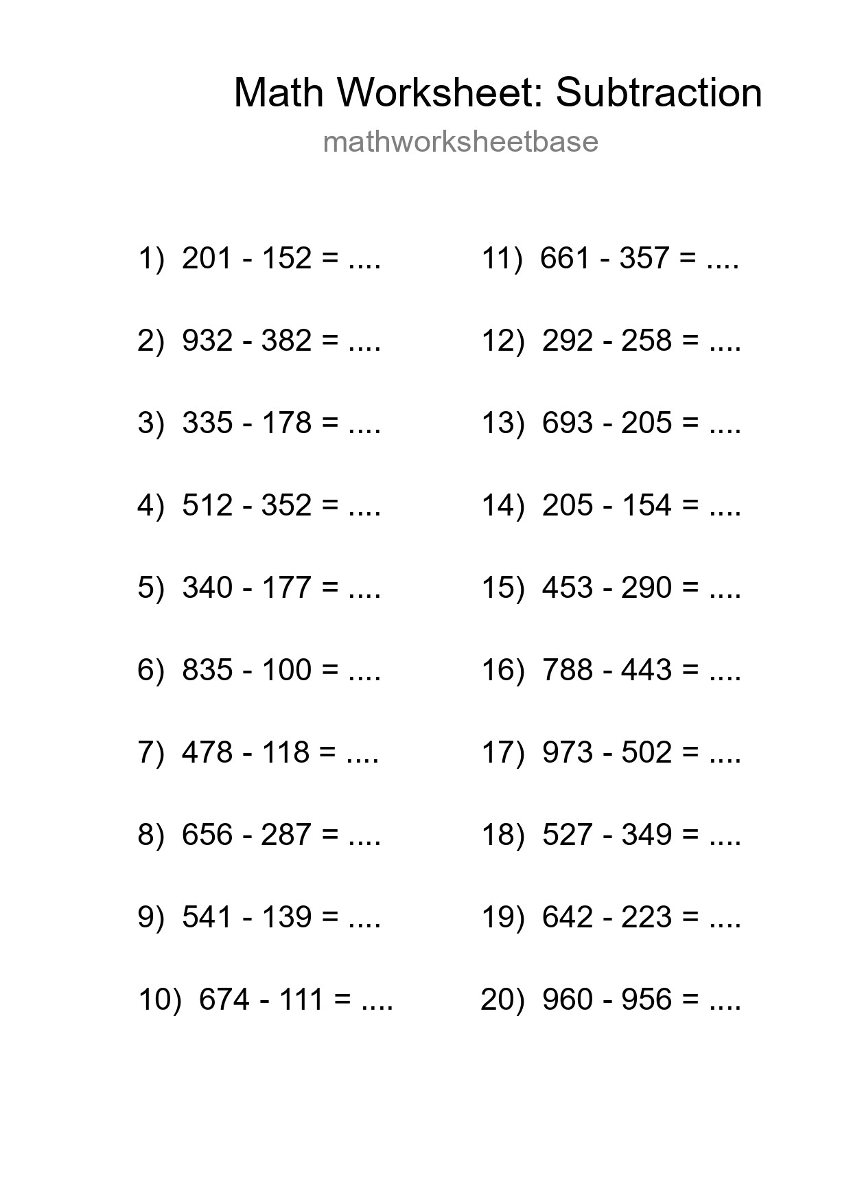 Printable Free 20 Subtraction Math Worksheet For Grade 5 - Part 138